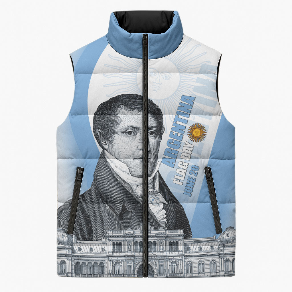 Custom Argentina Manuel Belgrano Sleeveless Puffer Jacket Flag Day - Patriotic Sun of May