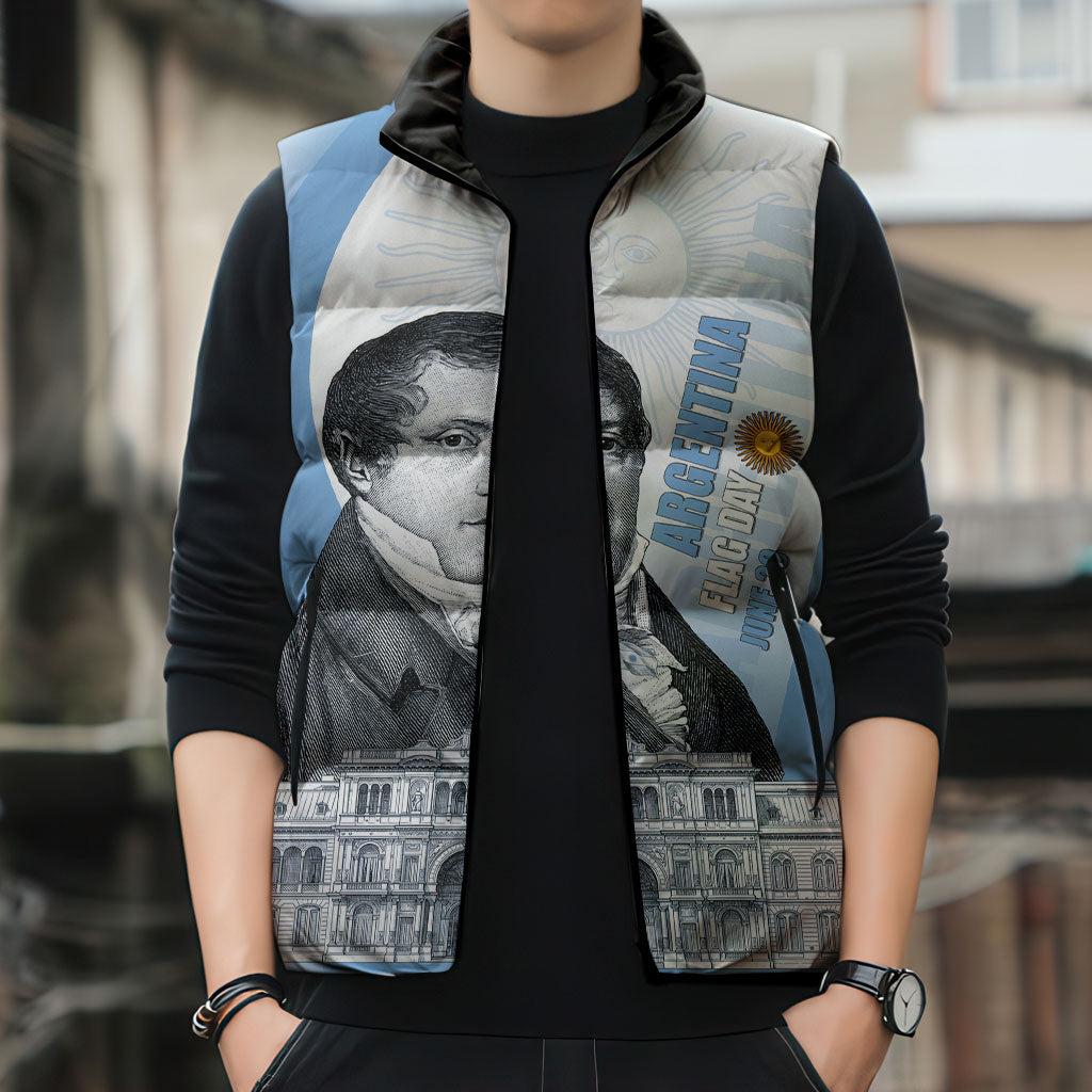 Custom Argentina Manuel Belgrano Sleeveless Puffer Jacket Flag Day - Patriotic Sun of May