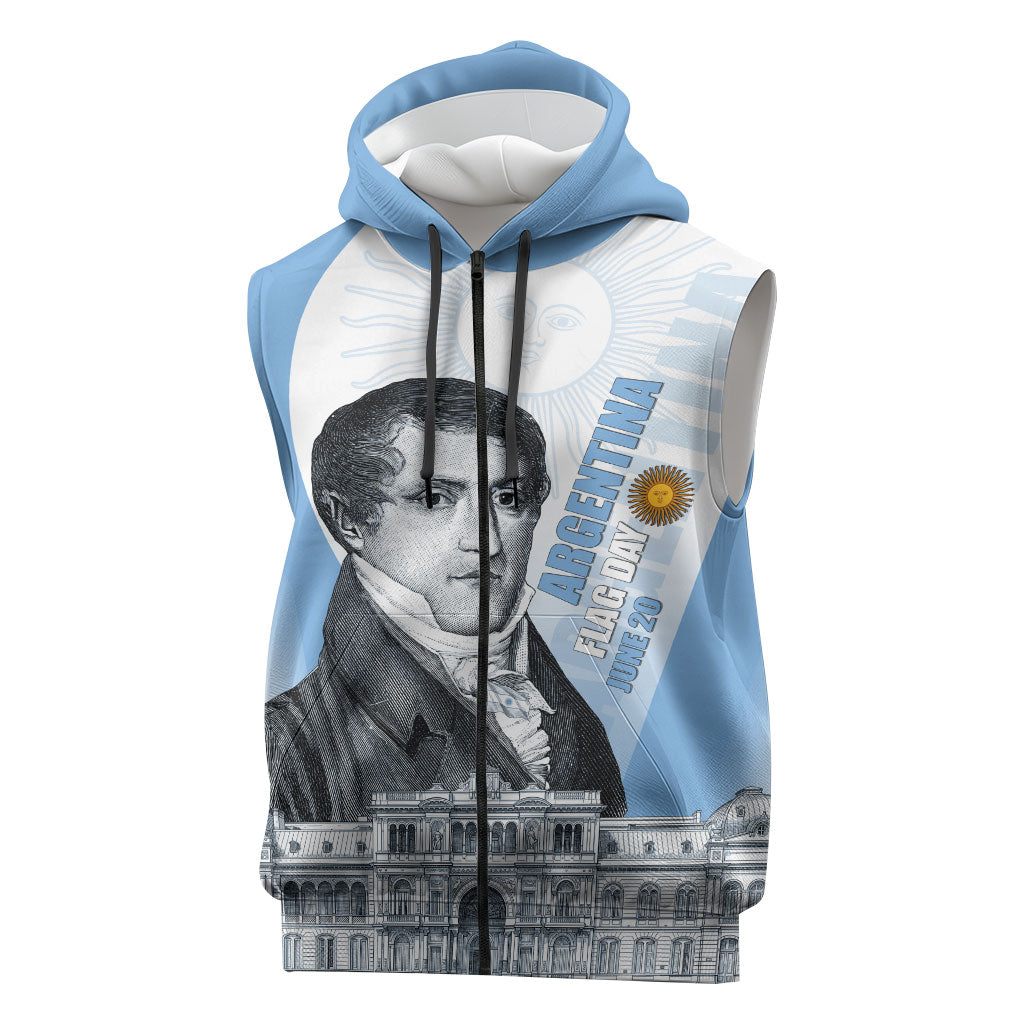 Custom Argentina Manuel Belgrano Sleeveless Zip Hoodie Flag Day - Patriotic Sun of May