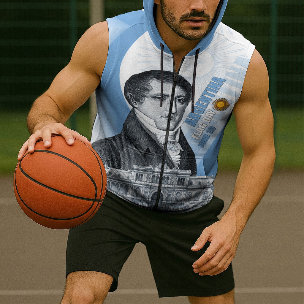 Custom Argentina Manuel Belgrano Sleeveless Zip Hoodie Flag Day - Patriotic Sun of May