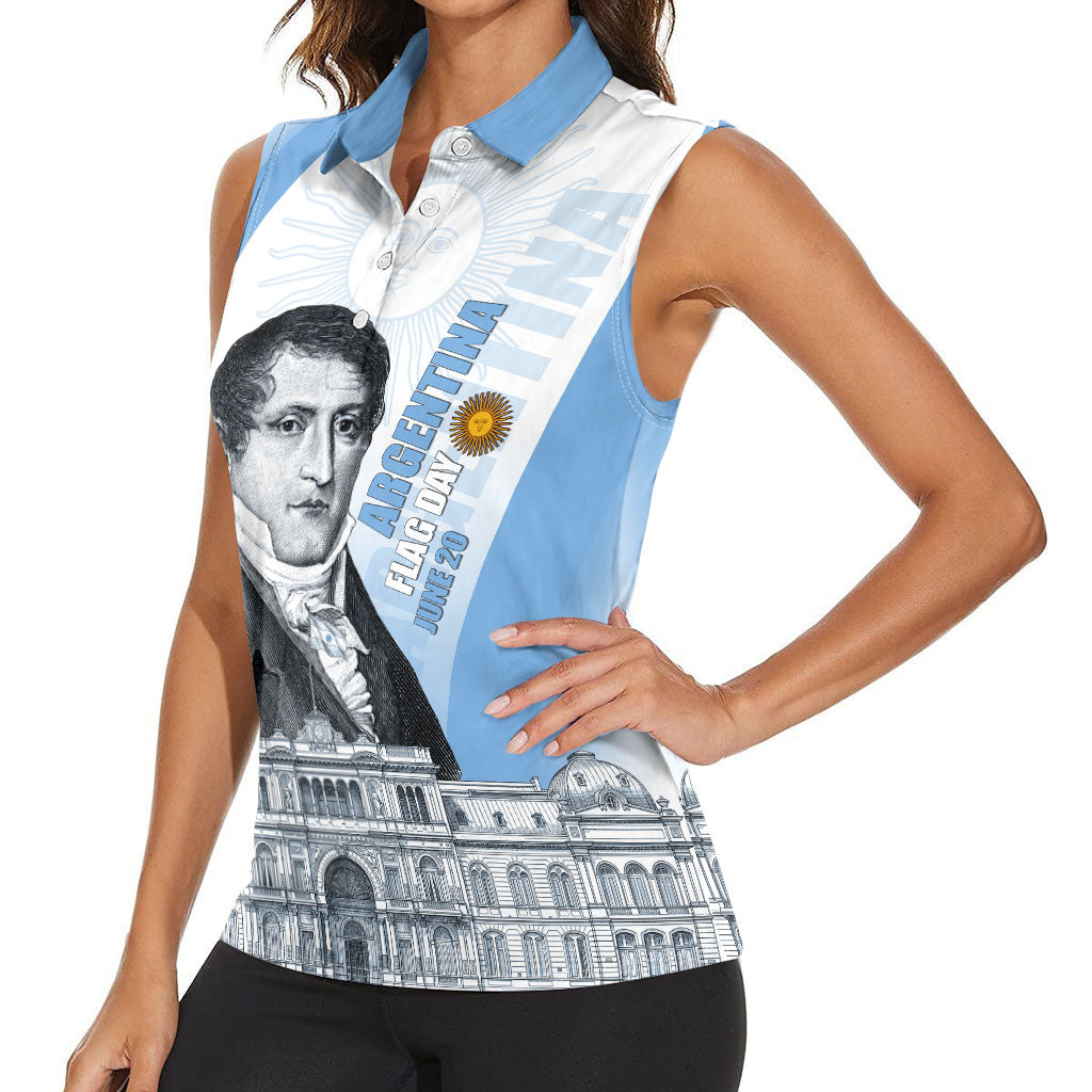 Custom Argentina Manuel Belgrano Women Sleeveless Polo Shirt Flag Day - Patriotic Sun of May