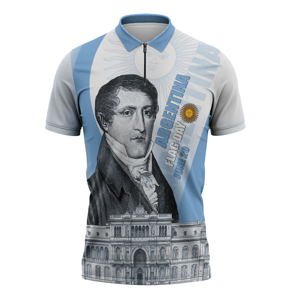 Custom Argentina Manuel Belgrano Zipper Polo Shirt Flag Day - Patriotic Sun of May
