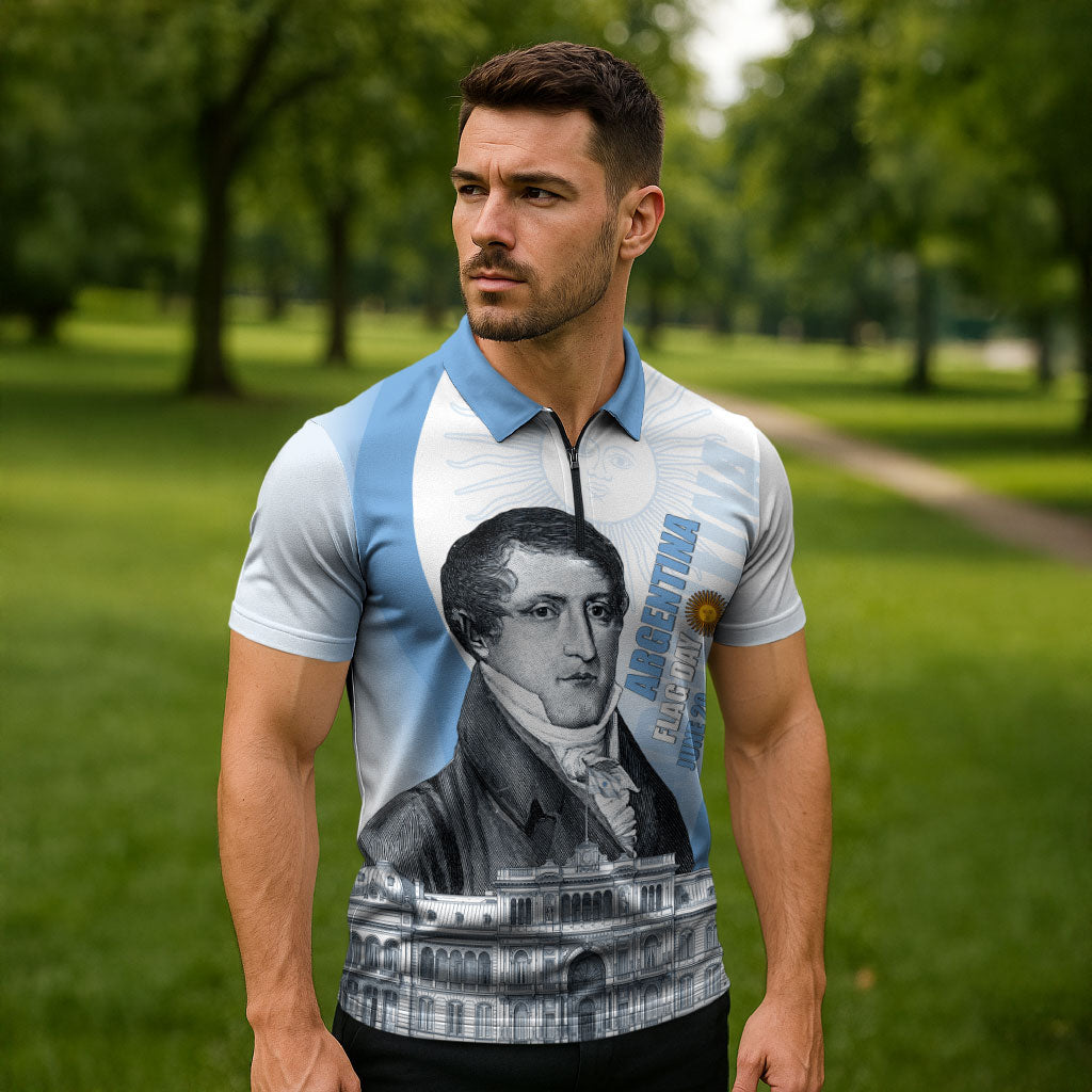 Custom Argentina Manuel Belgrano Zipper Polo Shirt Flag Day - Patriotic Sun of May
