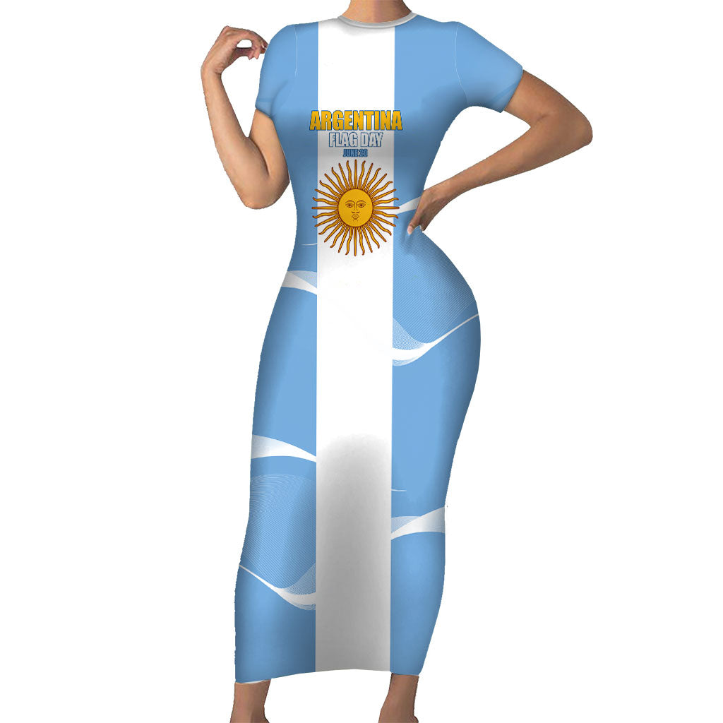 Personalized Argentina Flag Day Short Sleeve Bodycon Dress Sun Of May Sol De Mayo - National Emblem Patriotism