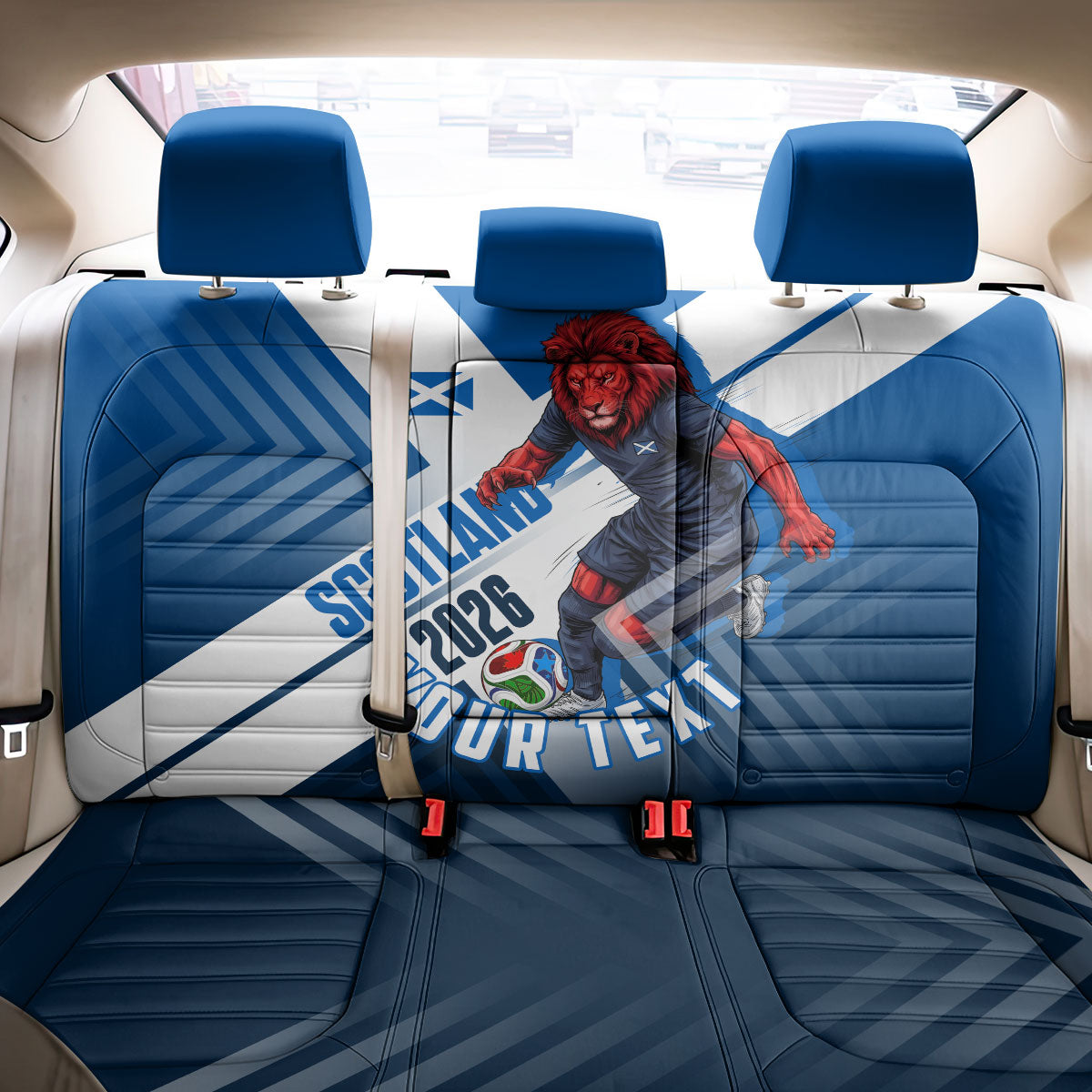 Personalized Scotland Football 2026 Back Car Seat Cover Scottish Soccer Red Lion Mascot Saltire Cross
