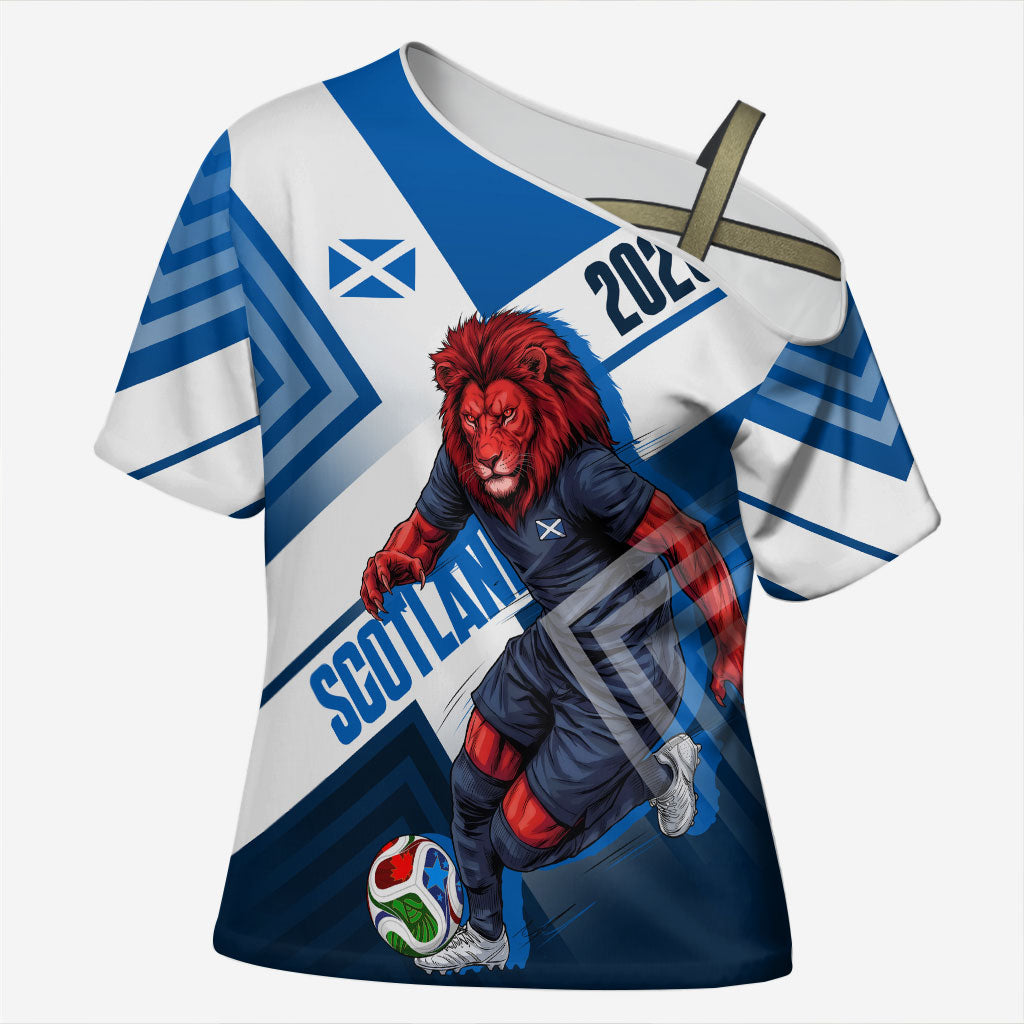 Personalized Scotland Football 2026 Cross Shoulder Shirt Scottish Soccer Red Lion Mascot Saltire Cross