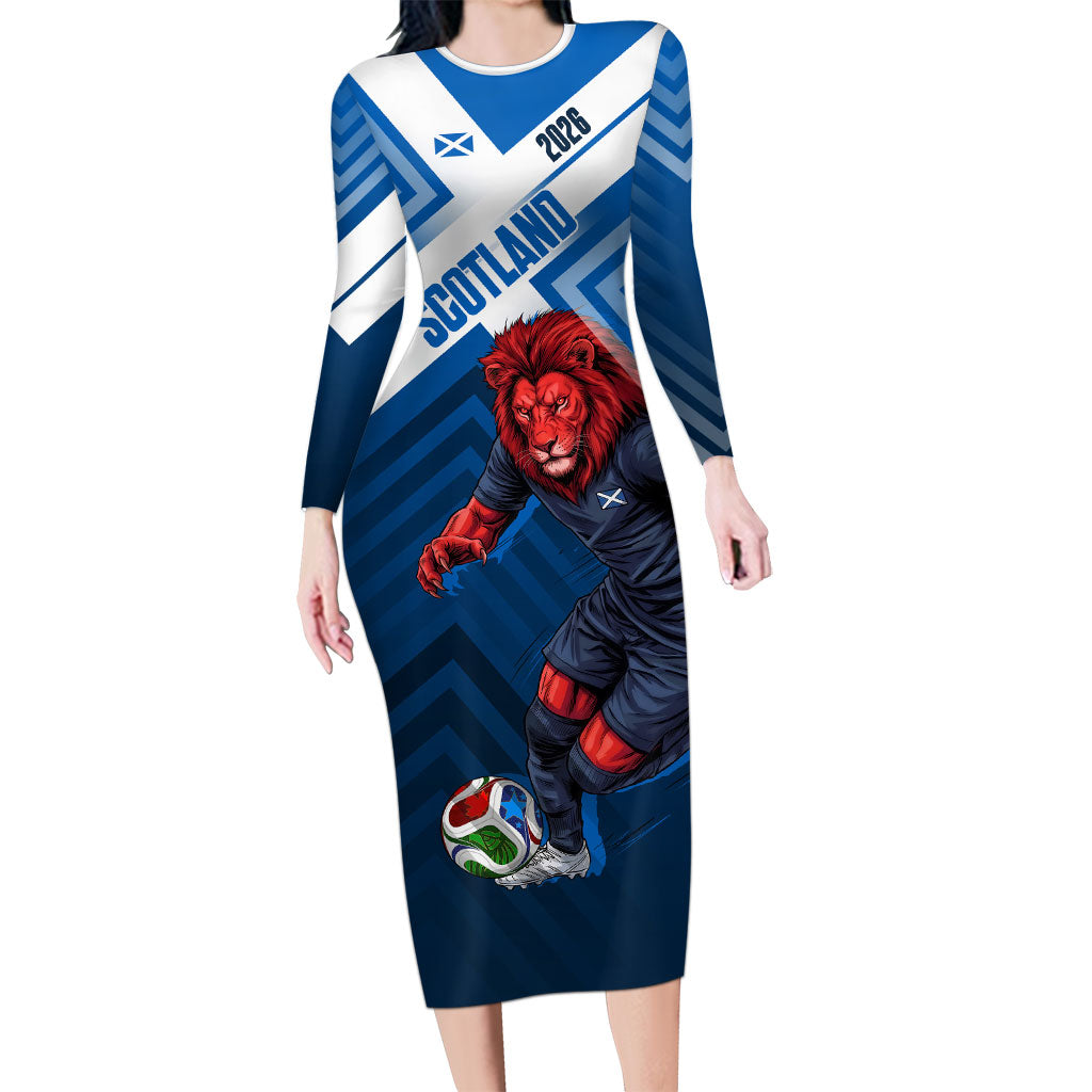 Personalized Scotland Football 2026 Long Sleeve Bodycon Dress Scottish Soccer Red Lion Mascot Saltire Cross