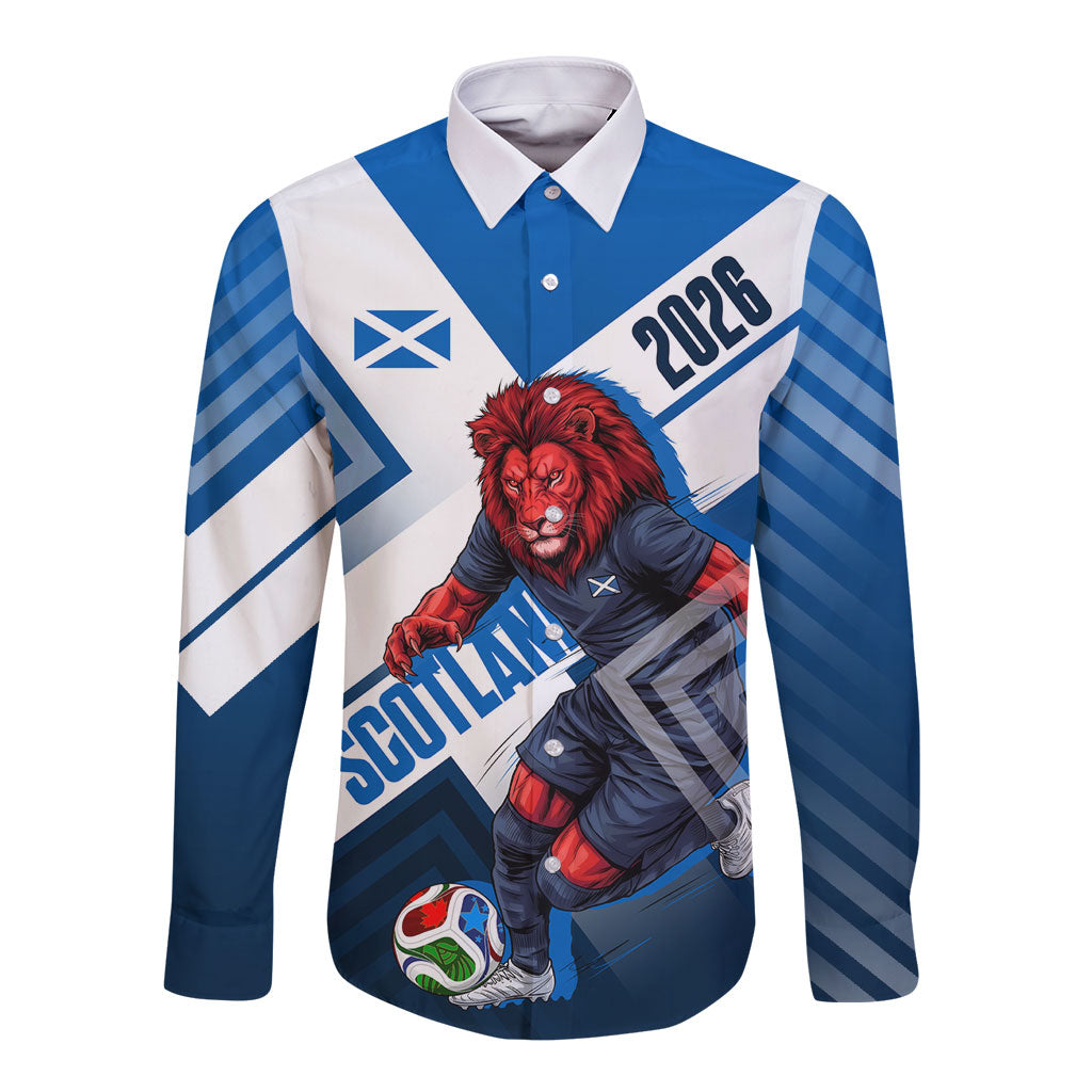 Personalized Scotland Football 2026 Long Sleeve Button Shirt Scottish Soccer Red Lion Mascot Saltire Cross