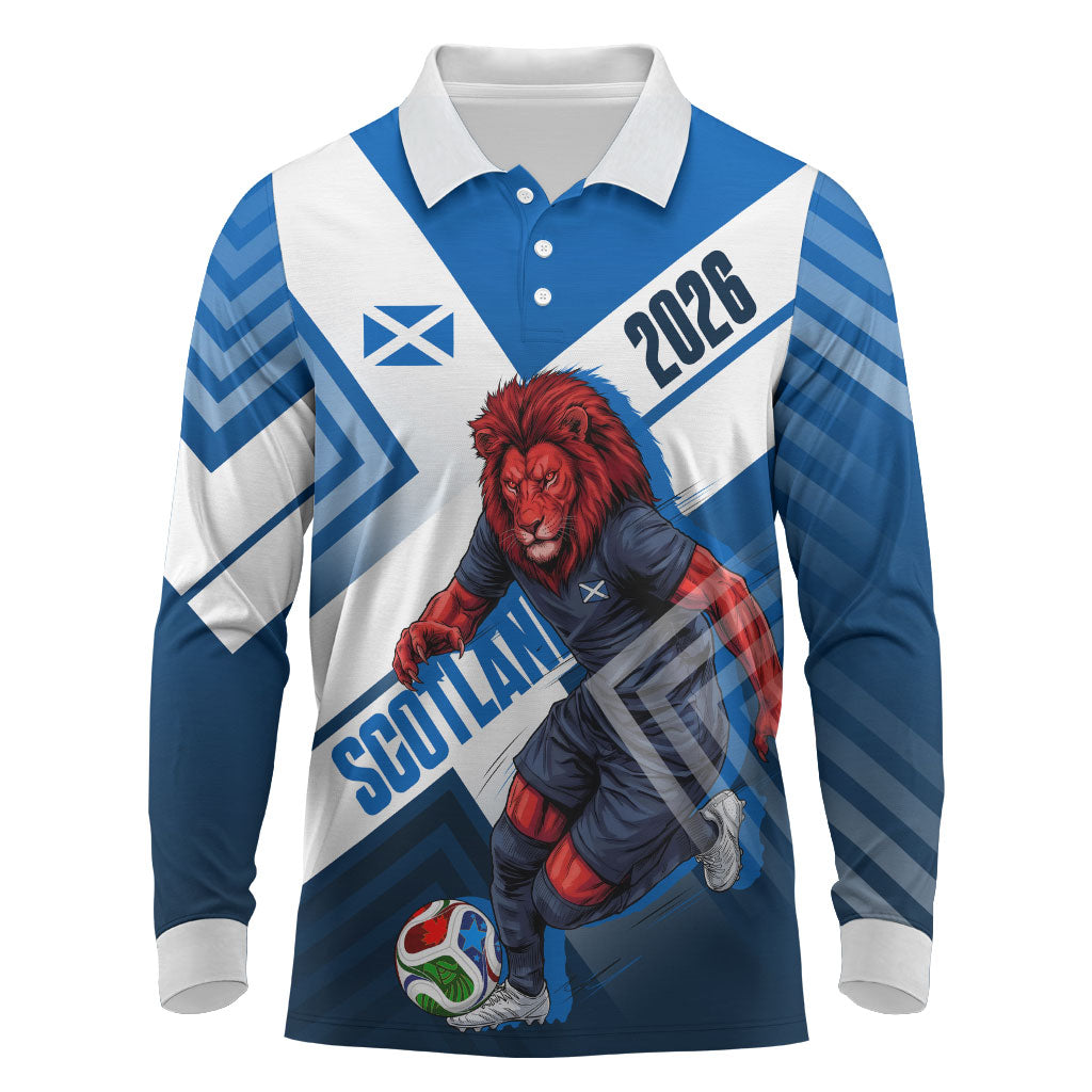 Personalized Scotland Football 2026 Long Sleeve Polo Shirt Scottish Soccer Red Lion Mascot Saltire Cross