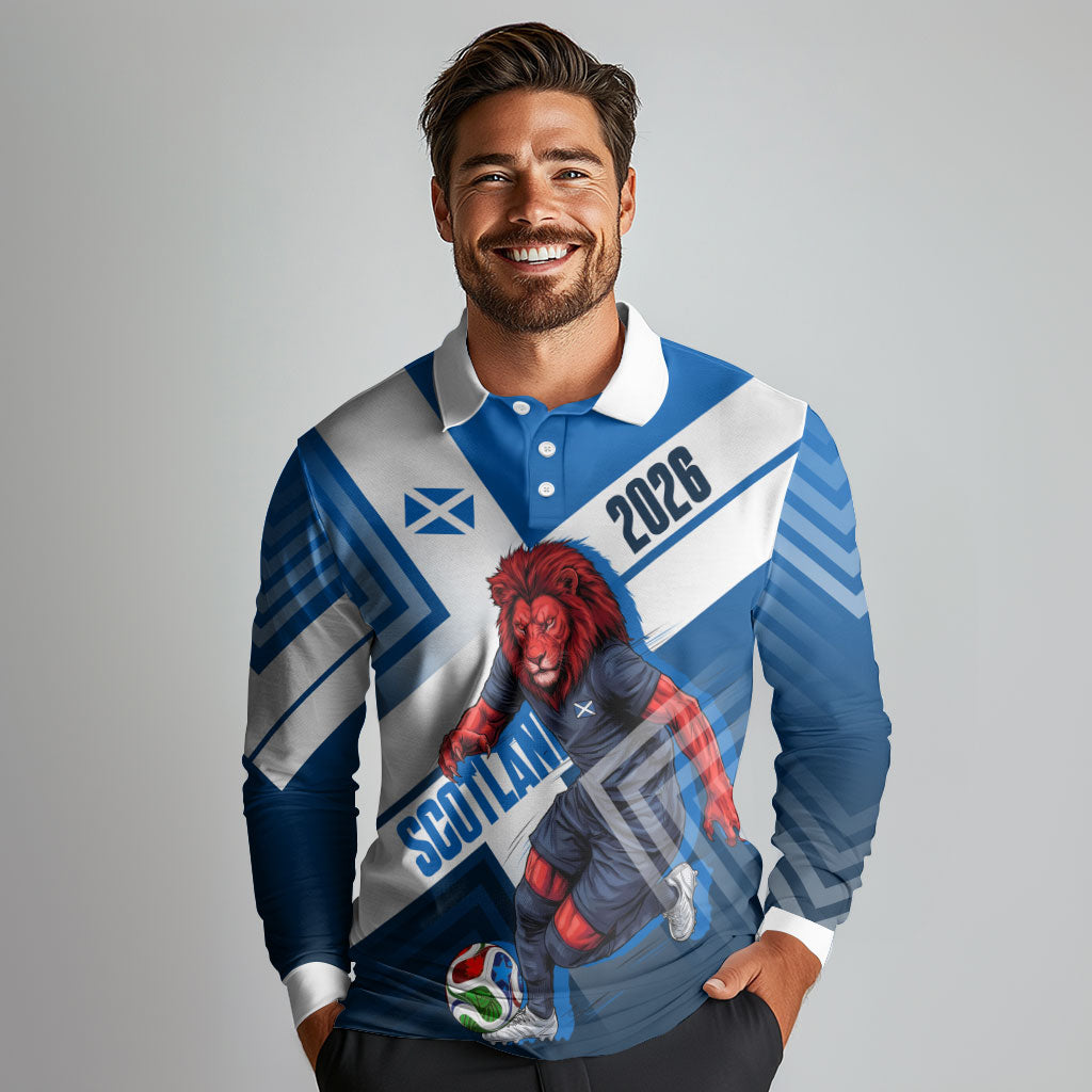 Personalized Scotland Football 2026 Long Sleeve Polo Shirt Scottish Soccer Red Lion Mascot Saltire Cross