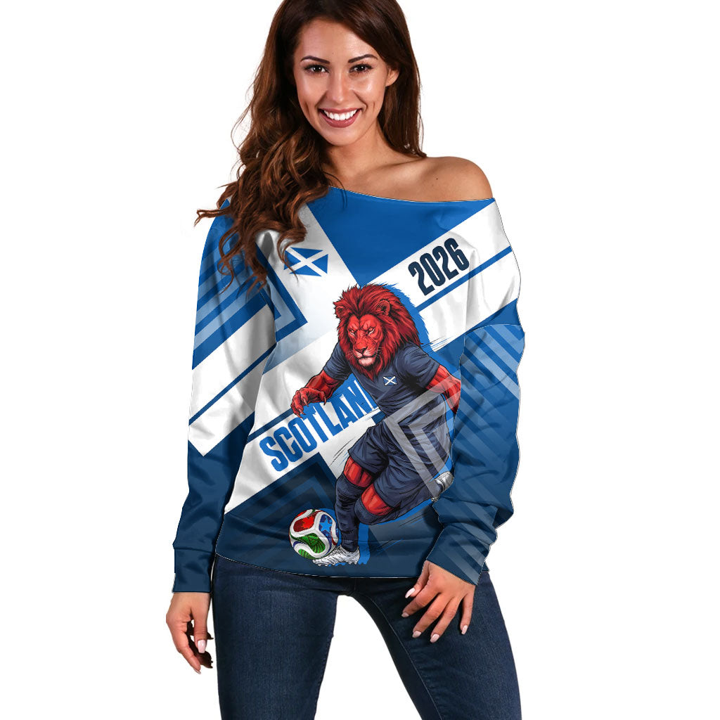 Personalized Scotland Football 2026 Off Shoulder Sweater Scottish Soccer Red Lion Mascot Saltire Cross