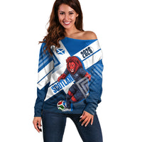 Personalized Scotland Football 2026 Off Shoulder Sweater Scottish Soccer Red Lion Mascot Saltire Cross