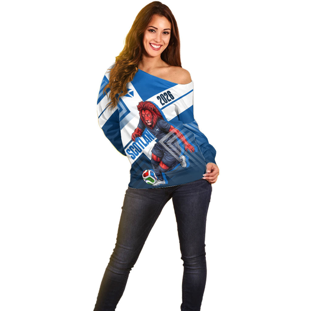 Personalized Scotland Football 2026 Off Shoulder Sweater Scottish Soccer Red Lion Mascot Saltire Cross
