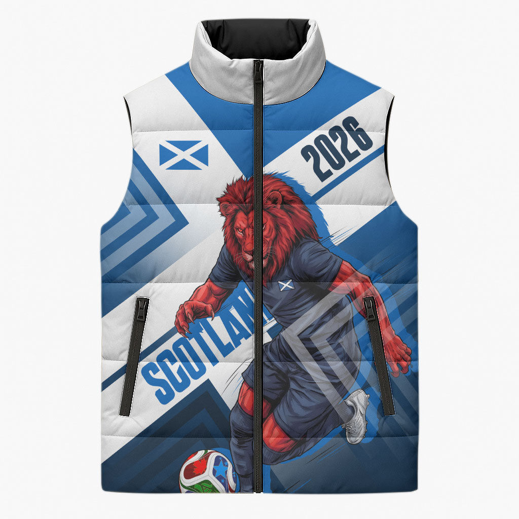 Personalized Scotland Football 2026 Sleeveless Puffer Jacket Scottish Soccer Red Lion Mascot Saltire Cross