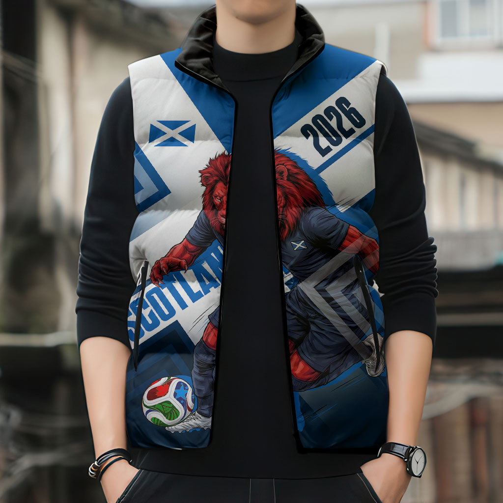 Personalized Scotland Football 2026 Sleeveless Puffer Jacket Scottish Soccer Red Lion Mascot Saltire Cross