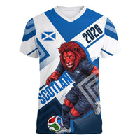Personalized Scotland Football 2026 Women V-Neck T-Shirt Scottish Soccer Red Lion Mascot Saltire Cross