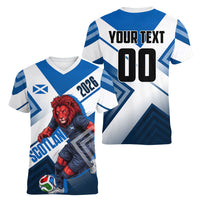 Personalized Scotland Football 2026 Women V-Neck T-Shirt Scottish Soccer Red Lion Mascot Saltire Cross