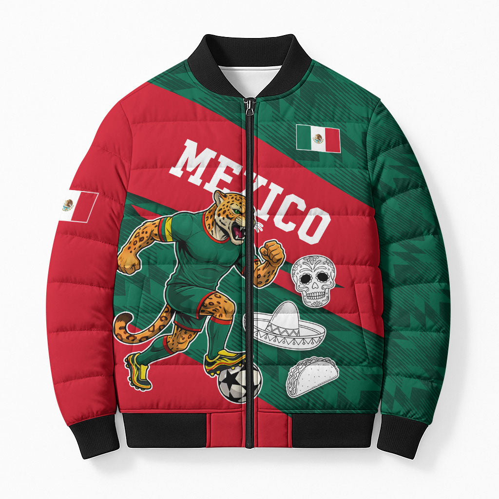 Personalized Mexico Football Jaguar Mascot Bomber Puffer Jacket Sugar Skull Sombrero Aztec
