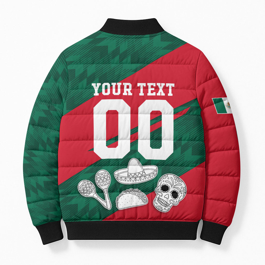 Personalized Mexico Football Jaguar Mascot Bomber Puffer Jacket Sugar Skull Sombrero Aztec