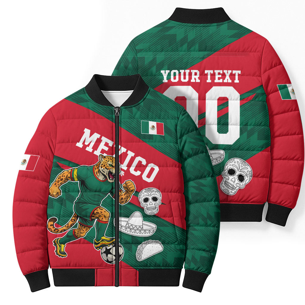 Personalized Mexico Football Jaguar Mascot Bomber Puffer Jacket Sugar Skull Sombrero Aztec