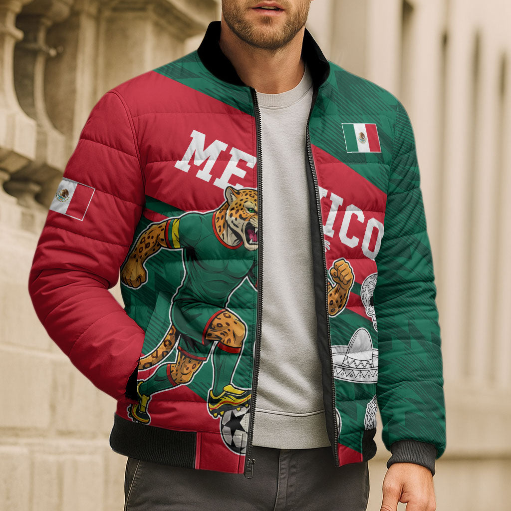 Personalized Mexico Football Jaguar Mascot Bomber Puffer Jacket Sugar Skull Sombrero Aztec