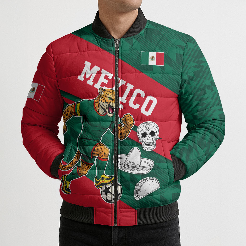 Personalized Mexico Football Jaguar Mascot Bomber Puffer Jacket Sugar Skull Sombrero Aztec