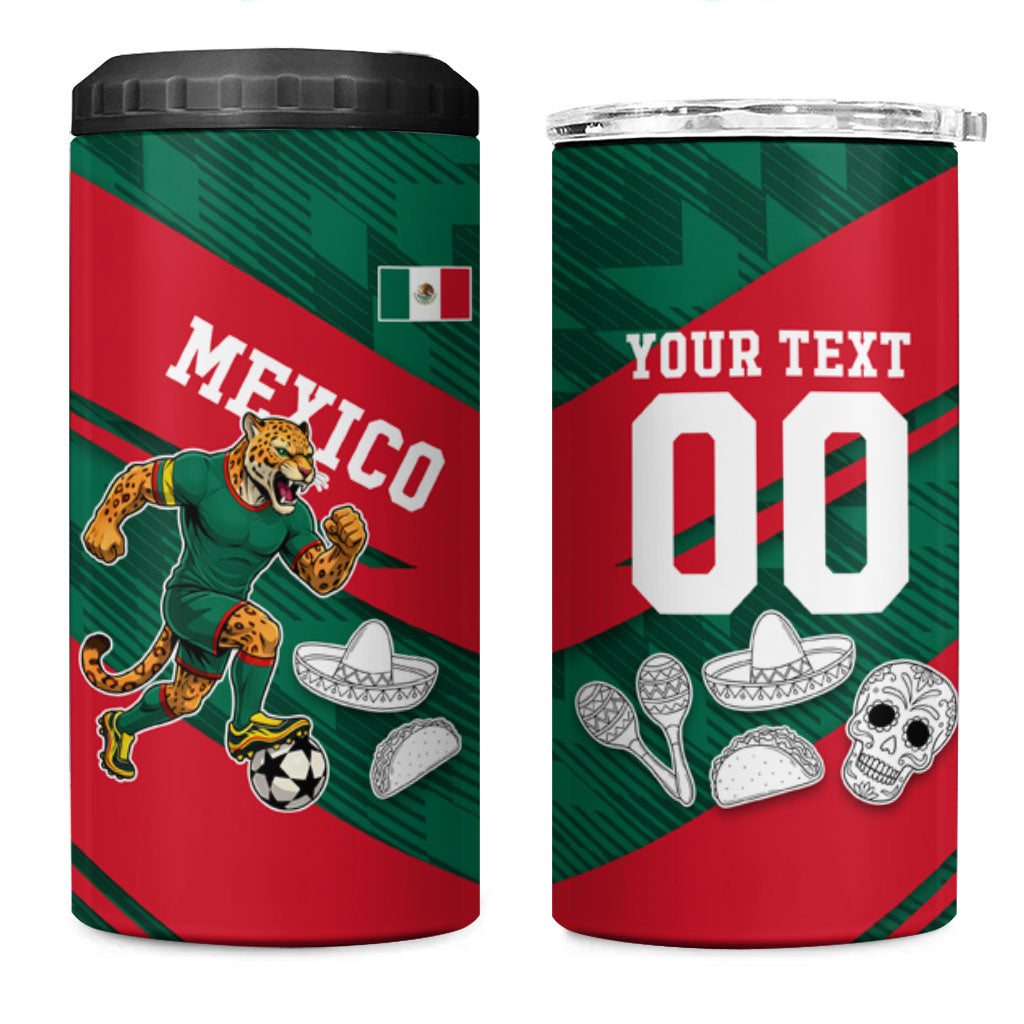 Personalized Mexico Football Jaguar Mascot 4 in 1 Can Cooler Tumbler Sugar Skull Sombrero Aztec