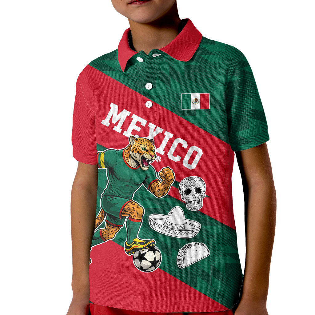 Personalized Mexico Football Jaguar Mascot Kid Polo Shirt Sugar Skull Sombrero Aztec