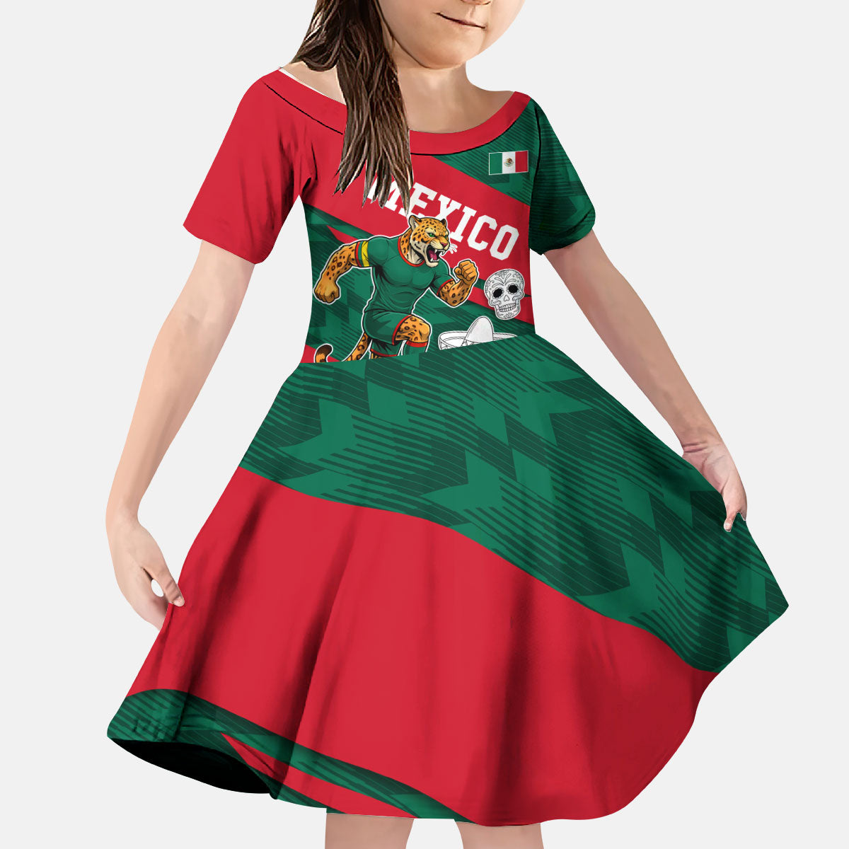 Personalized Mexico Football Jaguar Mascot Kid Short Sleeve Dress Sugar Skull Sombrero Aztec