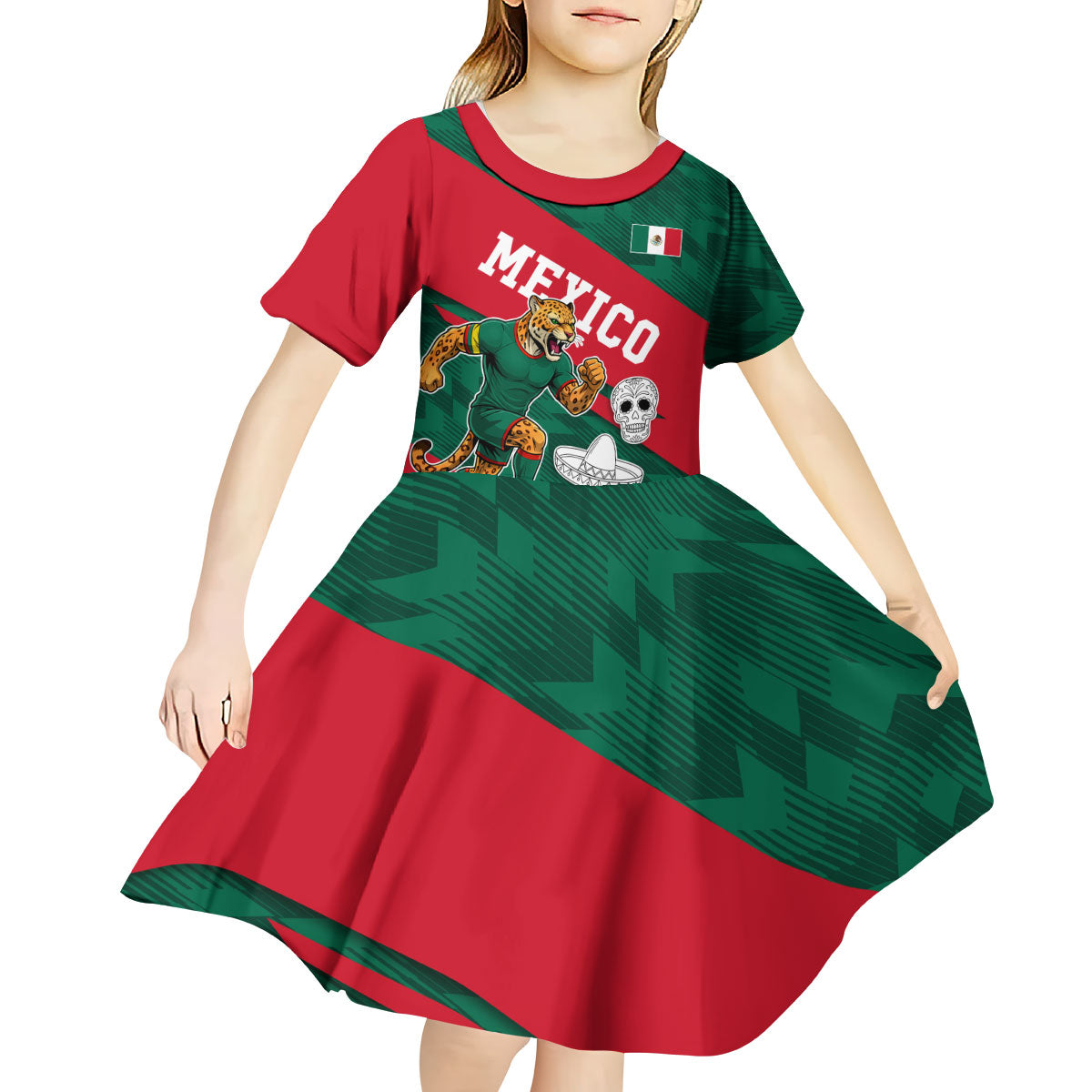 Personalized Mexico Football Jaguar Mascot Kid Short Sleeve Dress Sugar Skull Sombrero Aztec