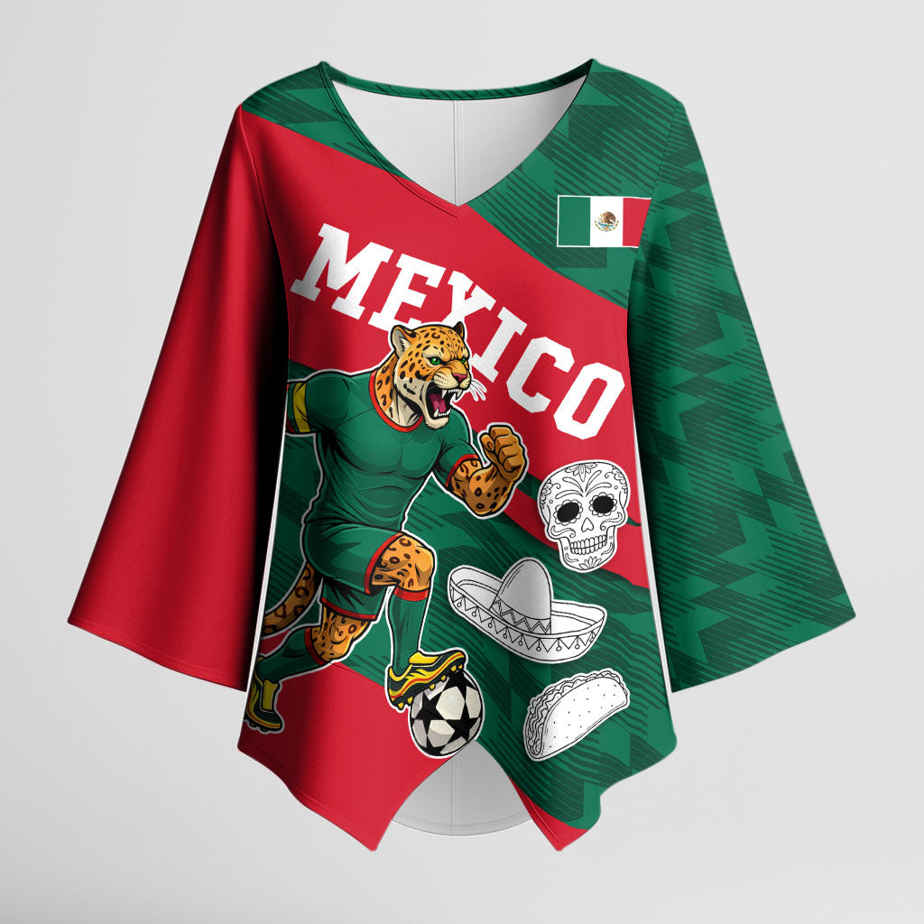 Personalized Mexico Football Jaguar Mascot Kimono Sleeve Blouse Sugar Skull Sombrero Aztec