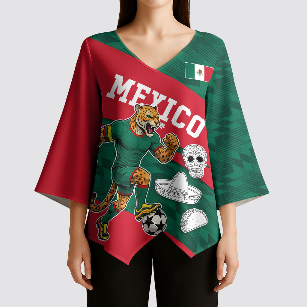 Personalized Mexico Football Jaguar Mascot Kimono Sleeve Blouse Sugar Skull Sombrero Aztec