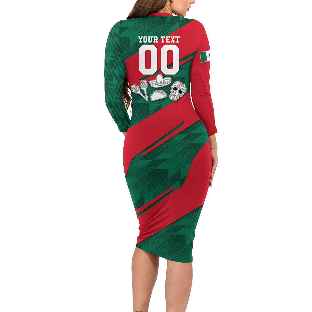 Personalized Mexico Football Jaguar Mascot Long Sleeve Bodycon Dress Sugar Skull Sombrero Aztec