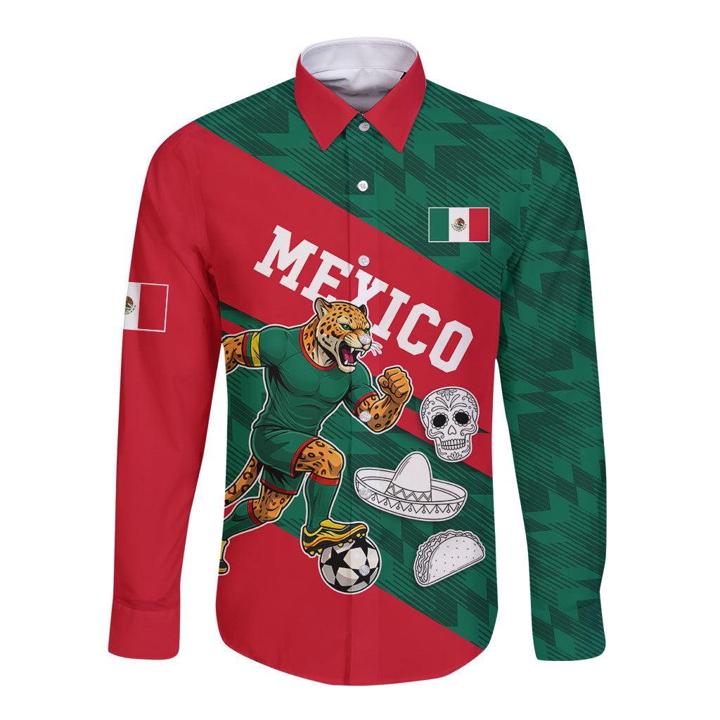 Personalized Mexico Football Jaguar Mascot Long Sleeve Button Shirt Sugar Skull Sombrero Aztec