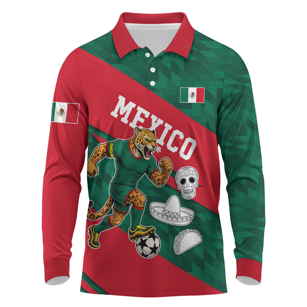 Personalized Mexico Football Jaguar Mascot Long Sleeve Polo Shirt Sugar Skull Sombrero Aztec