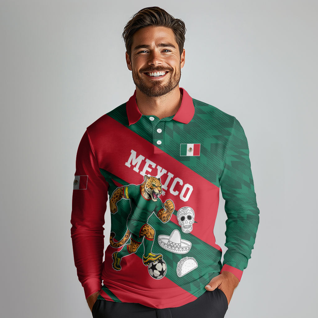 Personalized Mexico Football Jaguar Mascot Long Sleeve Polo Shirt Sugar Skull Sombrero Aztec