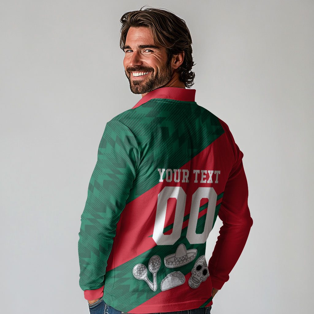 Personalized Mexico Football Jaguar Mascot Long Sleeve Polo Shirt Sugar Skull Sombrero Aztec