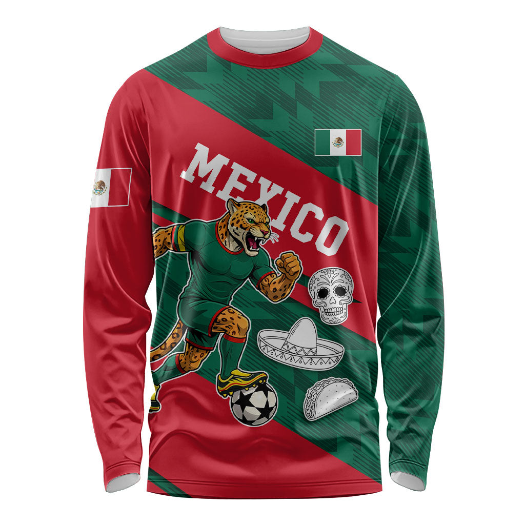 Personalized Mexico Football Jaguar Mascot Long Sleeve Shirt Sugar Skull Sombrero Aztec