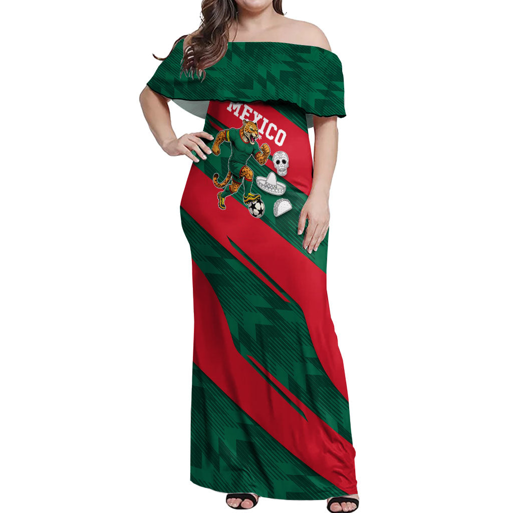 Personalized Mexico Football Jaguar Mascot Off Shoulder Maxi Dress Sugar Skull Sombrero Aztec
