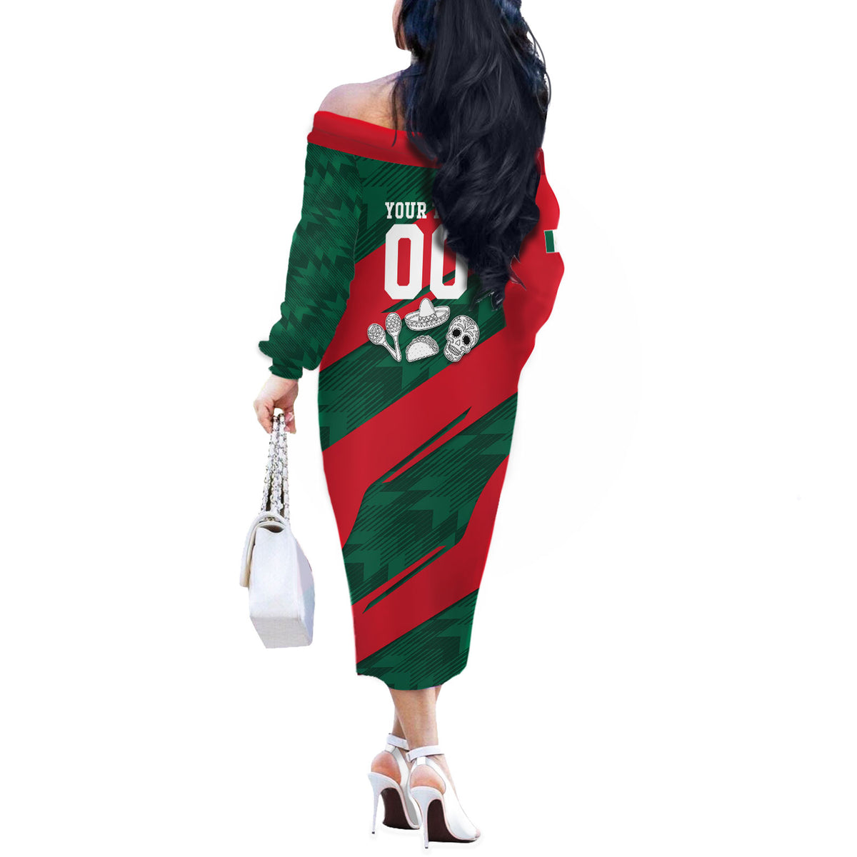 Personalized Mexico Football Jaguar Mascot Off The Shoulder Long Sleeve Dress Sugar Skull Sombrero Aztec