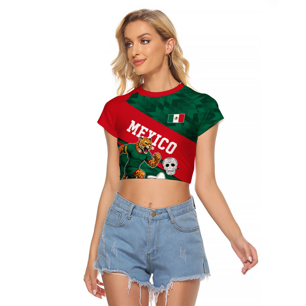 Personalized Mexico Football Jaguar Mascot Raglan Cropped T Shirt Sugar Skull Sombrero Aztec