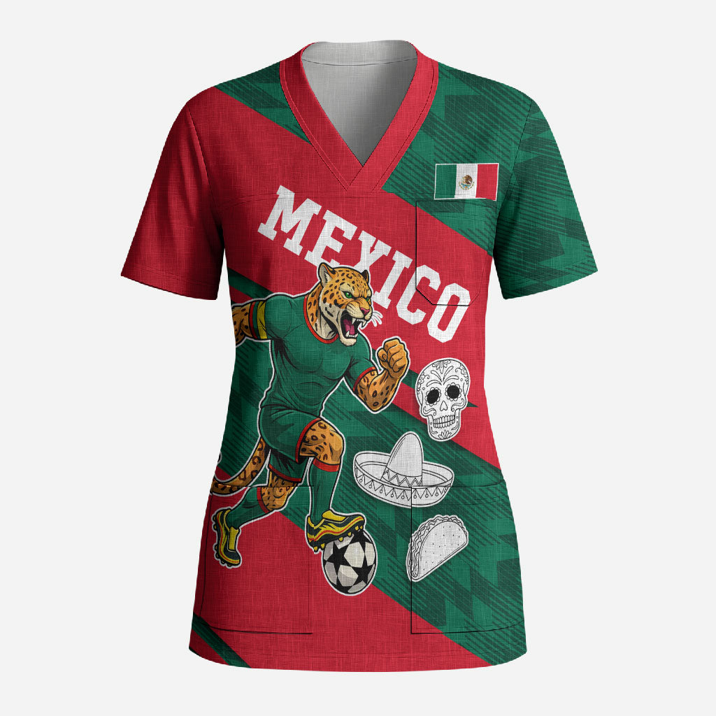 Personalized Mexico Football Jaguar Mascot Scrub Top Sugar Skull Sombrero Aztec