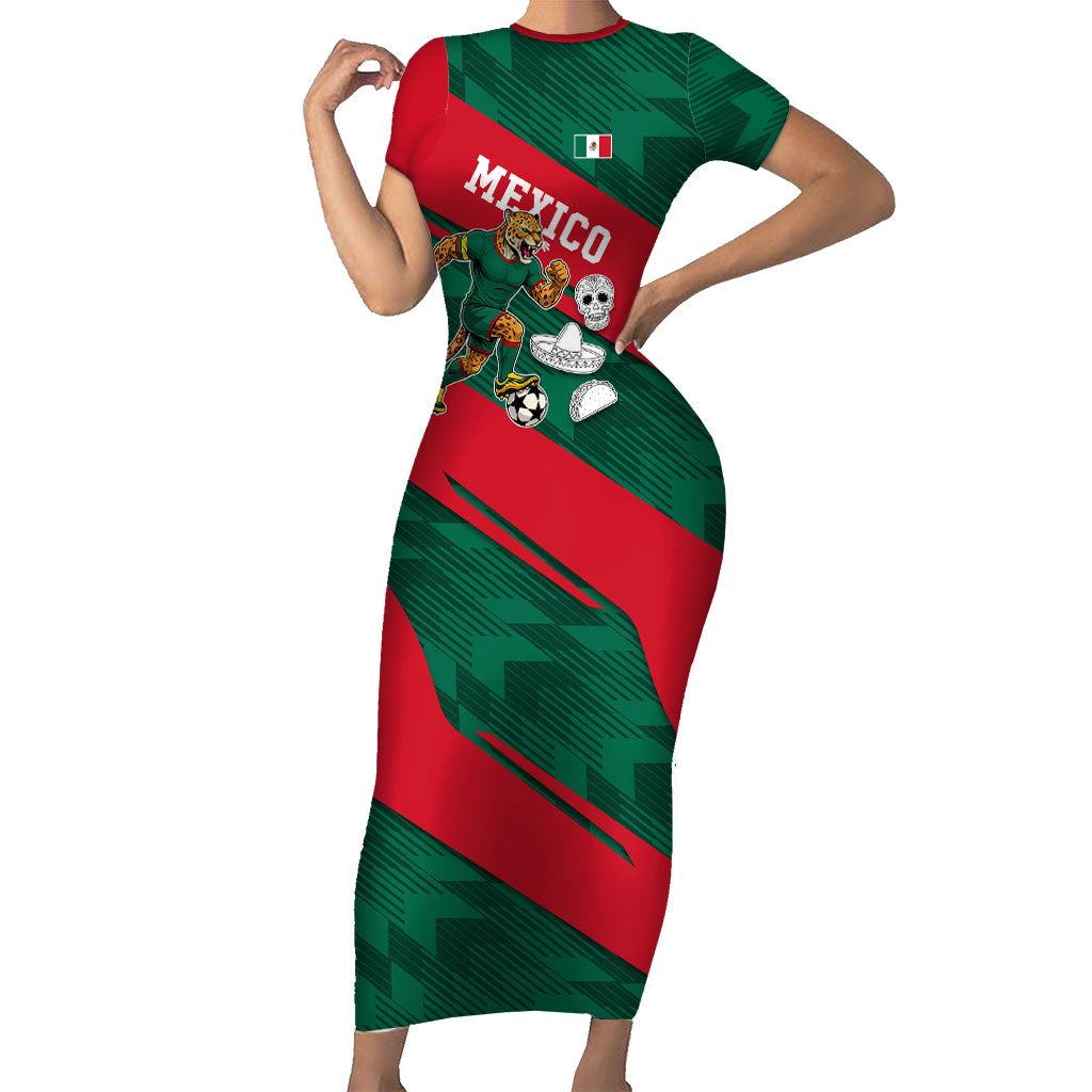 Personalized Mexico Football Jaguar Mascot Short Sleeve Bodycon Dress Sugar Skull Sombrero Aztec