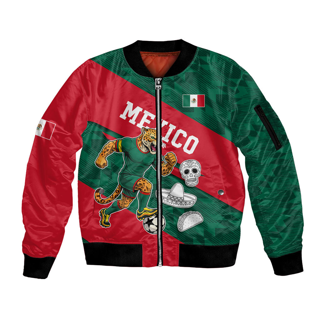 Personalized Mexico Football Jaguar Mascot Sleeve Zip Bomber Jacket Sugar Skull Sombrero Aztec