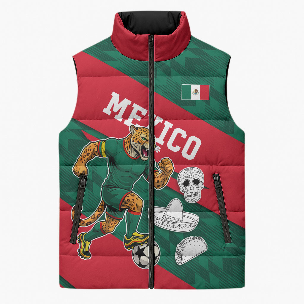 Personalized Mexico Football Jaguar Mascot Sleeveless Puffer Jacket Sugar Skull Sombrero Aztec