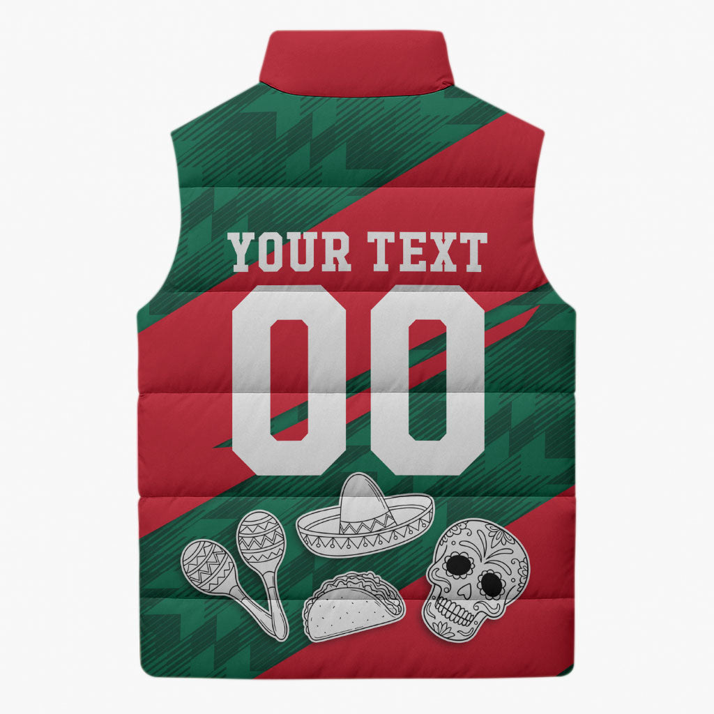 Personalized Mexico Football Jaguar Mascot Sleeveless Puffer Jacket Sugar Skull Sombrero Aztec