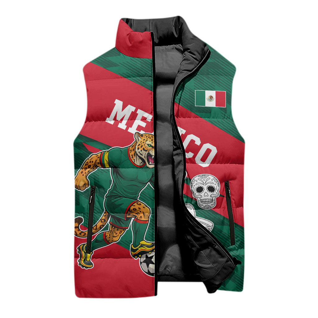 Personalized Mexico Football Jaguar Mascot Sleeveless Puffer Jacket Sugar Skull Sombrero Aztec