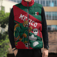 Personalized Mexico Football Jaguar Mascot Sleeveless Puffer Jacket Sugar Skull Sombrero Aztec
