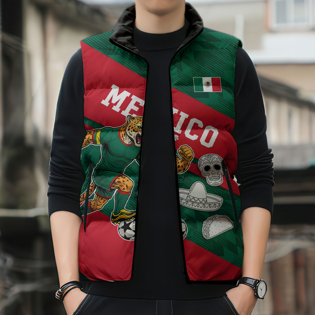 Personalized Mexico Football Jaguar Mascot Sleeveless Puffer Jacket Sugar Skull Sombrero Aztec
