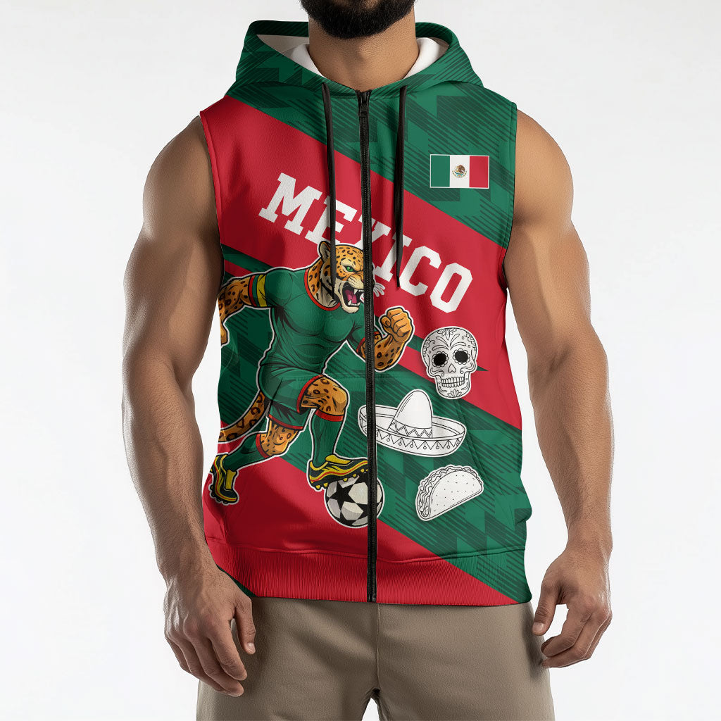 Personalized Mexico Football Jaguar Mascot Sleeveless Zip Hoodie Sugar Skull Sombrero Aztec
